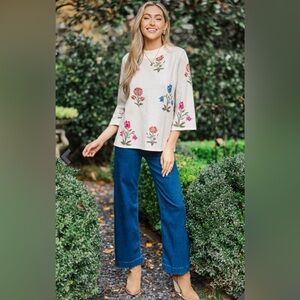 Anthropologie Umgee Soft Focused Cream Medallion Cozy Floral Sweater Size M